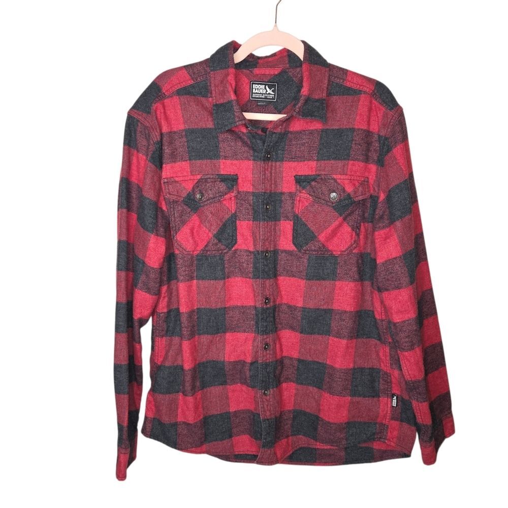 Eddie Bauer Red & Black Buffalo Plaid Hemp Flannel Shirt, Large